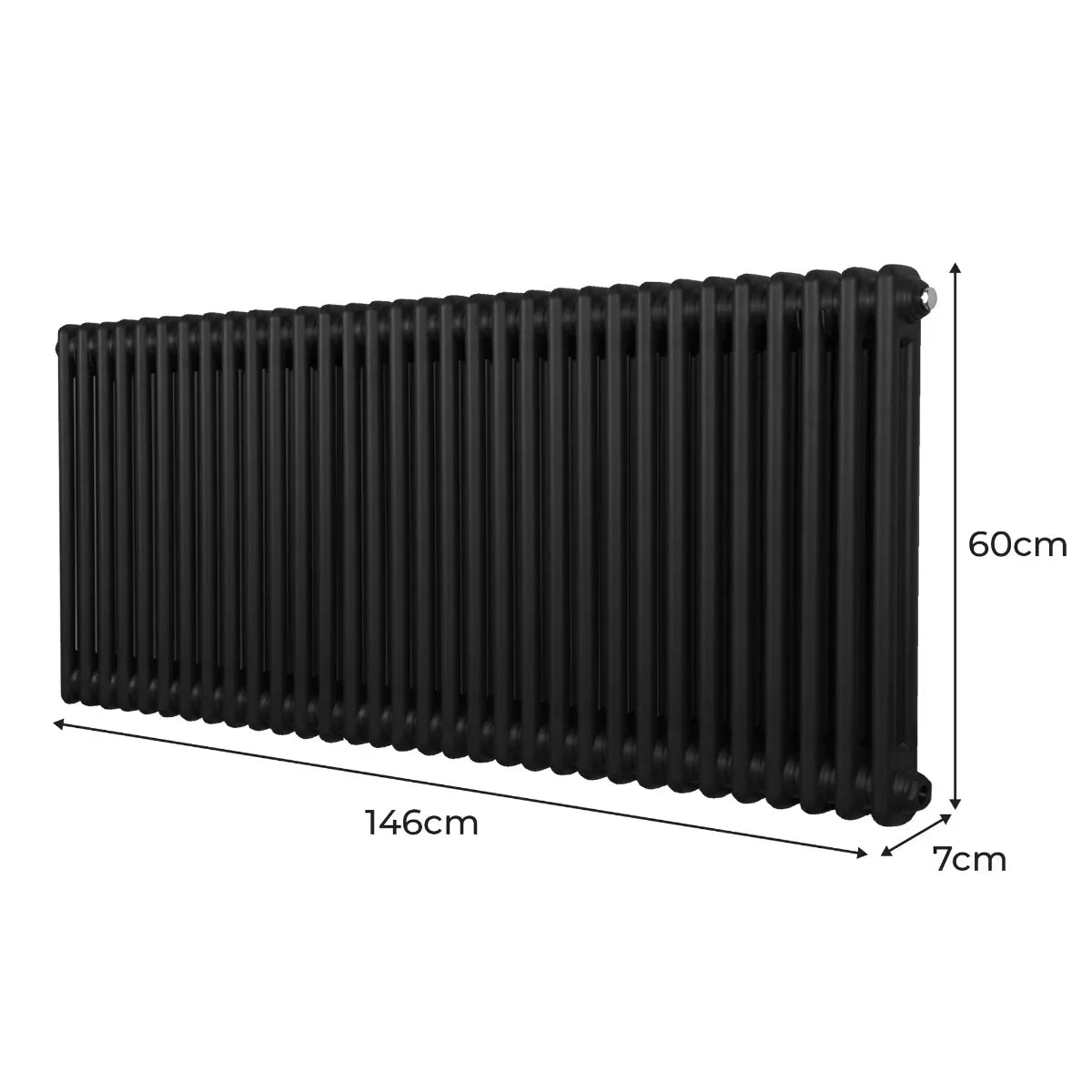 Traditional black 2 column radiator measuring 600mm in height and 1462mm in width, featuring a sleek, smooth finish and classic design