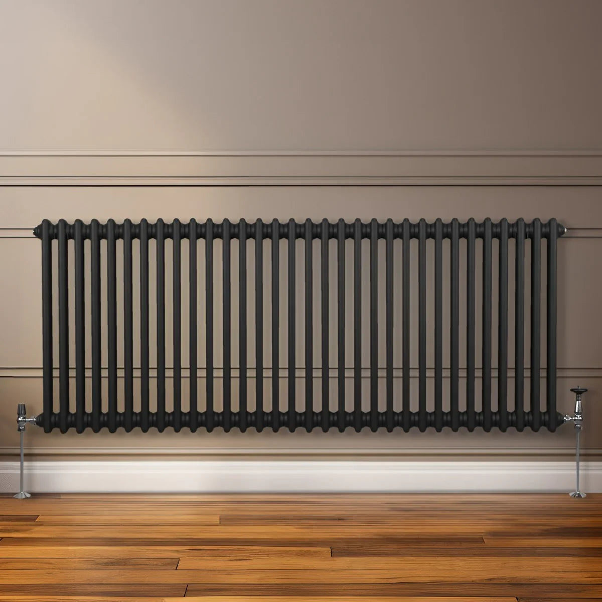 Traditional black 2 column radiator, 600 x 1462mm, featuring sleek vertical bars and a modern design against a neutral wall