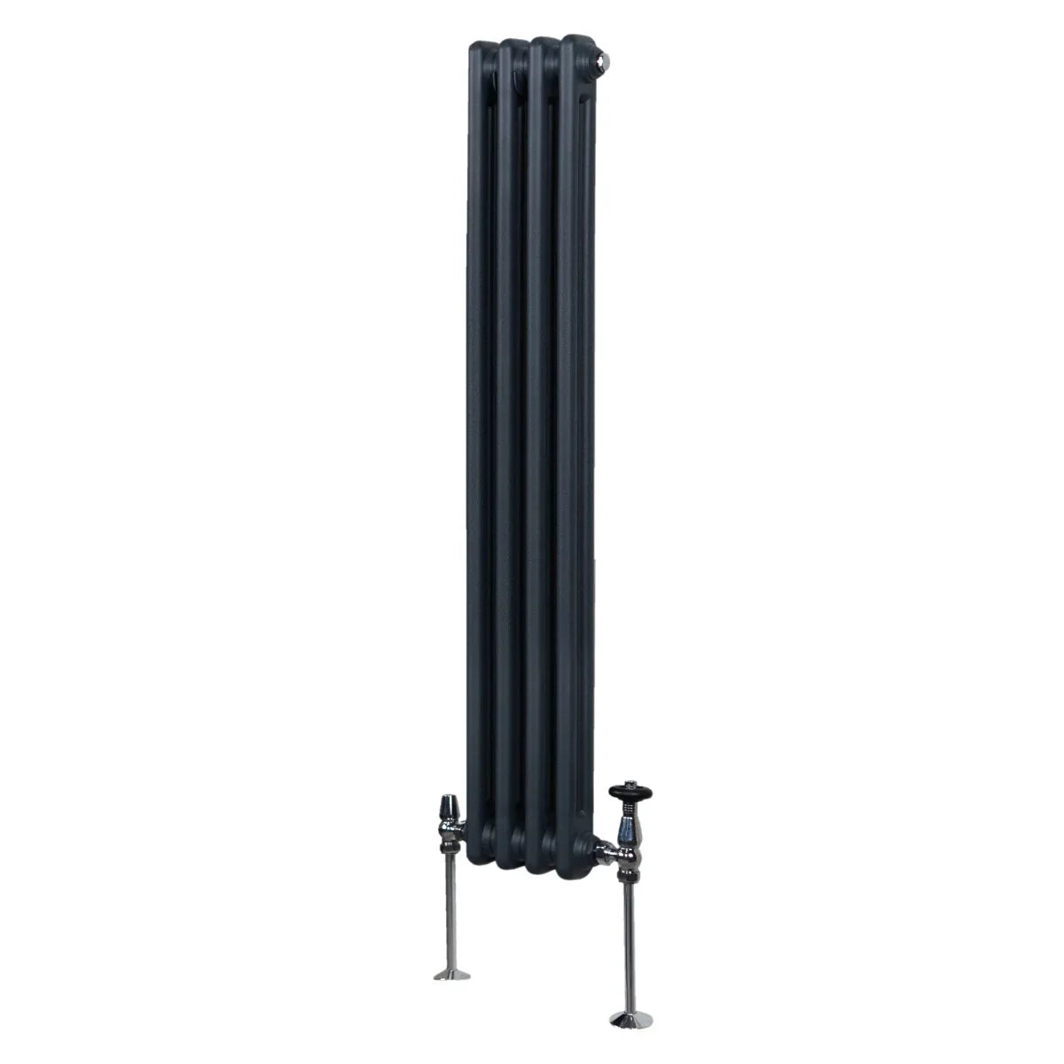 Traditional 2 column radiator in anthracite grey, featuring a sleek vertical design with a textured finish and visible valves