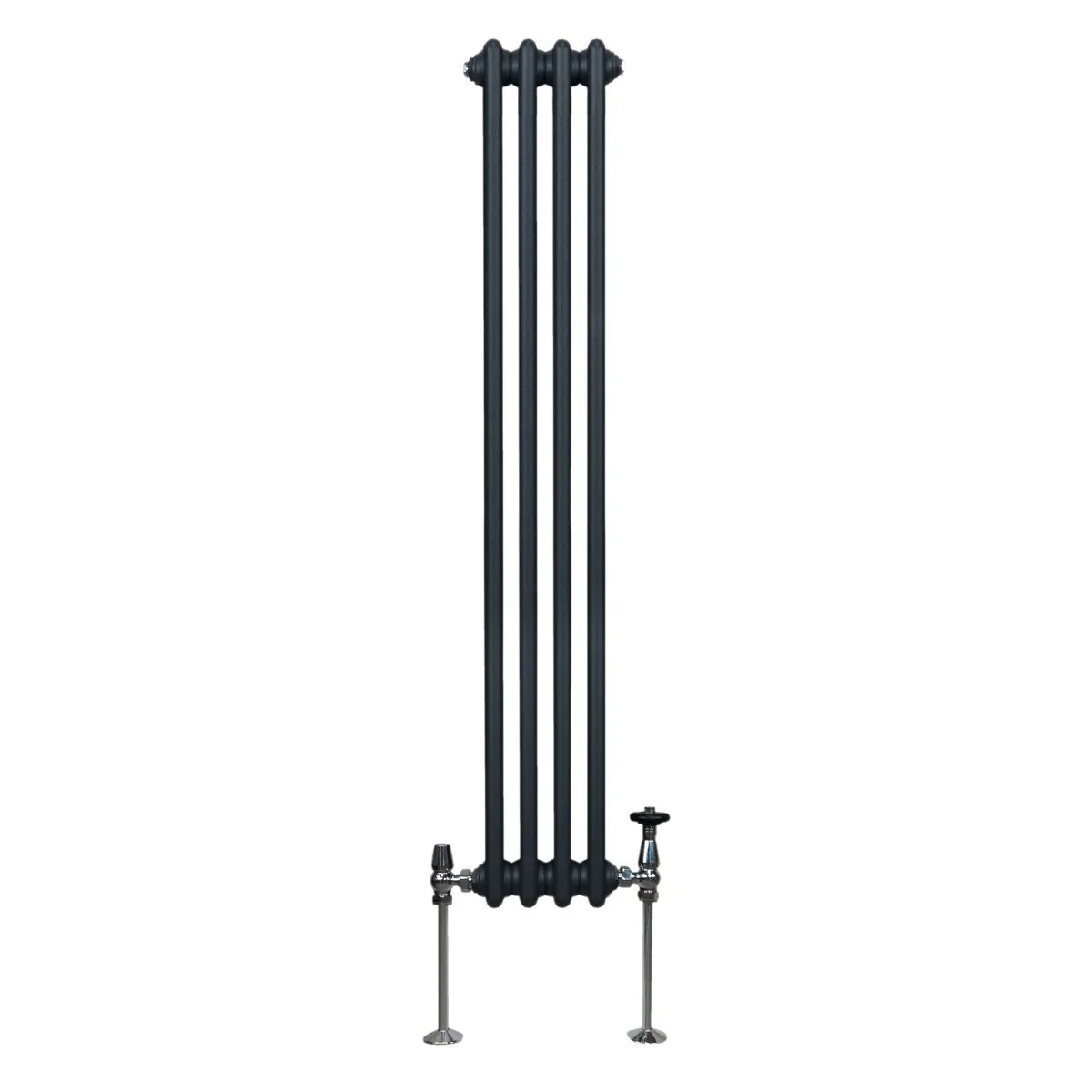 Traditional 2 column radiator in anthracite grey, featuring a tall, sleek design with smooth, rounded edges and visible valves