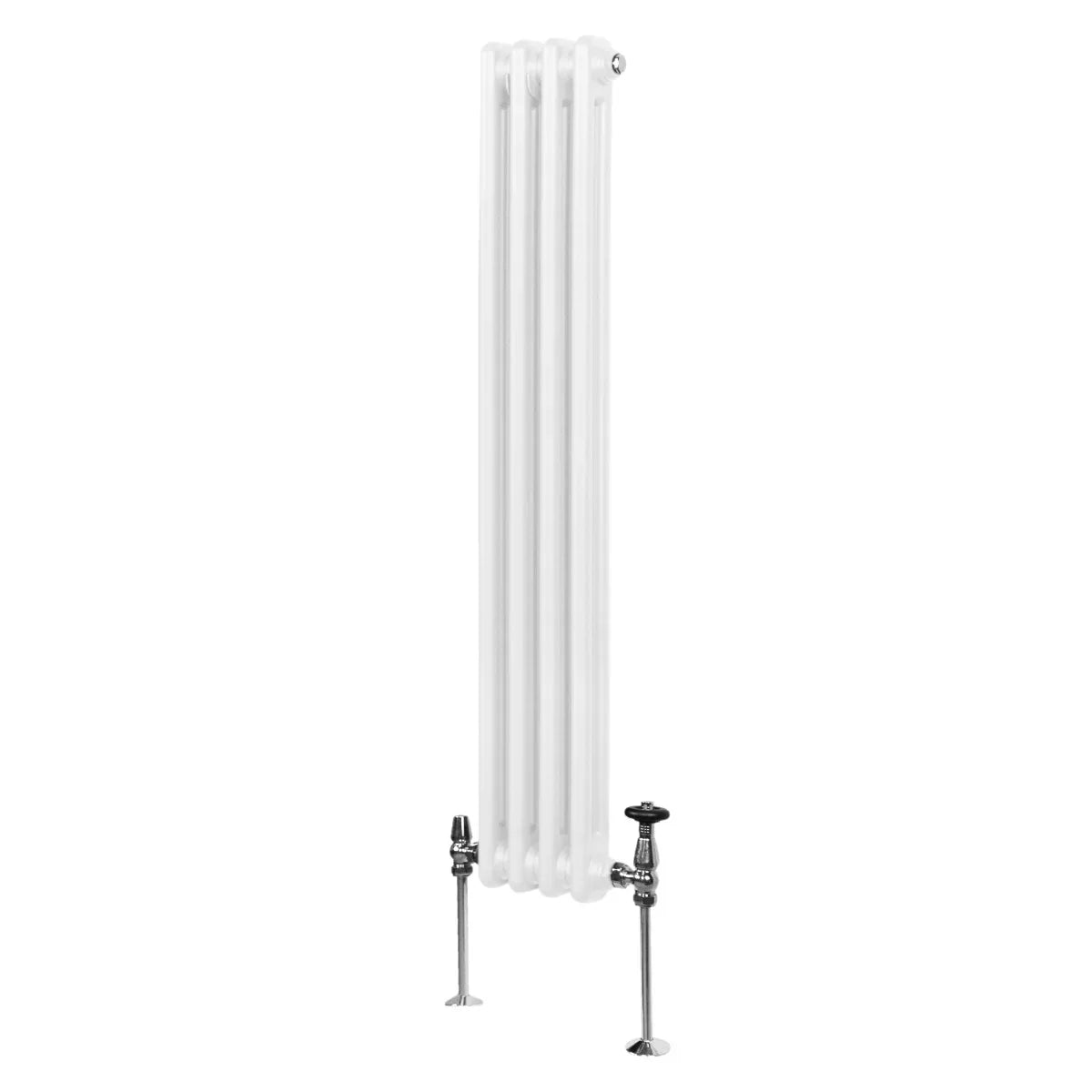 Traditional 2 column radiator in white, 1500 x 202mm, featuring a sleek design with smooth, glossy finish and adjustable valves