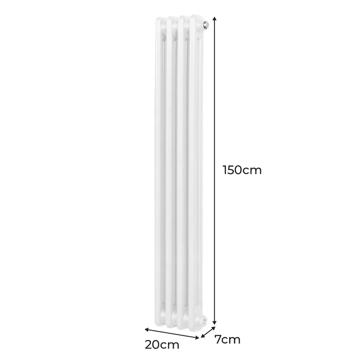 Traditional white 2 column radiator measuring 1500 x 202mm with a smooth, glossy finish and vertical design for efficient heating