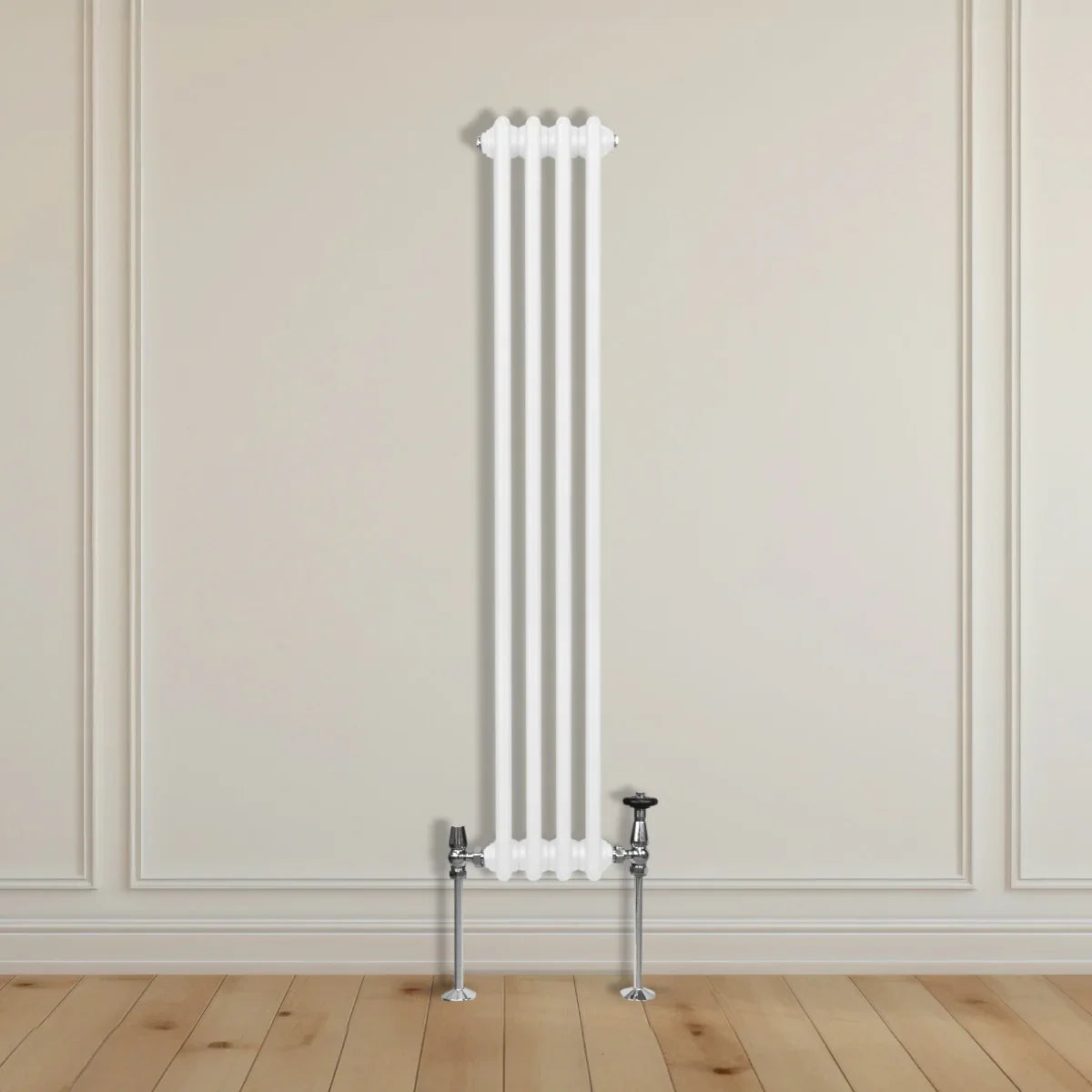 Traditional white 2 column radiator, 1500 x 202mm, featuring a sleek vertical design with chrome valves against a neutral wall