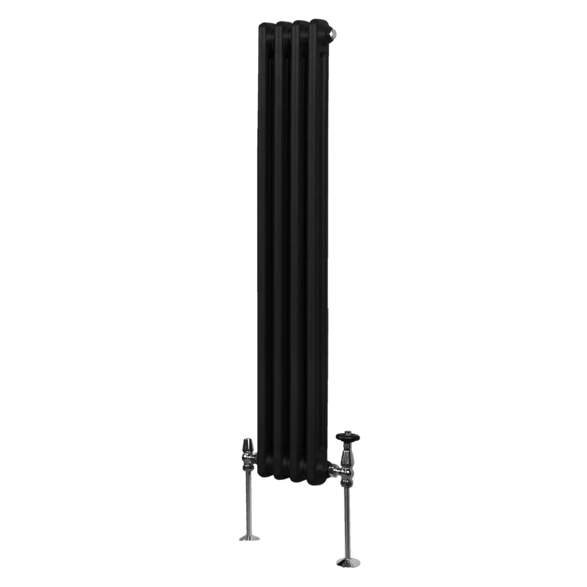 Traditional black 2 column radiator, 1500 x 202mm, featuring a sleek, tall design with a smooth finish and sturdy feet for stability