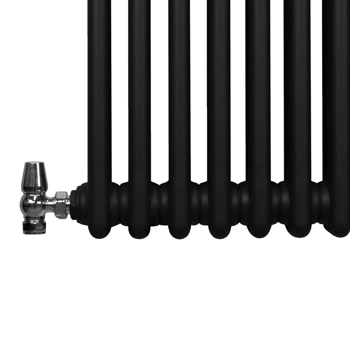 Traditional black 2 column radiator with a smooth matte finish, featuring rounded edges and a chrome valve on the side