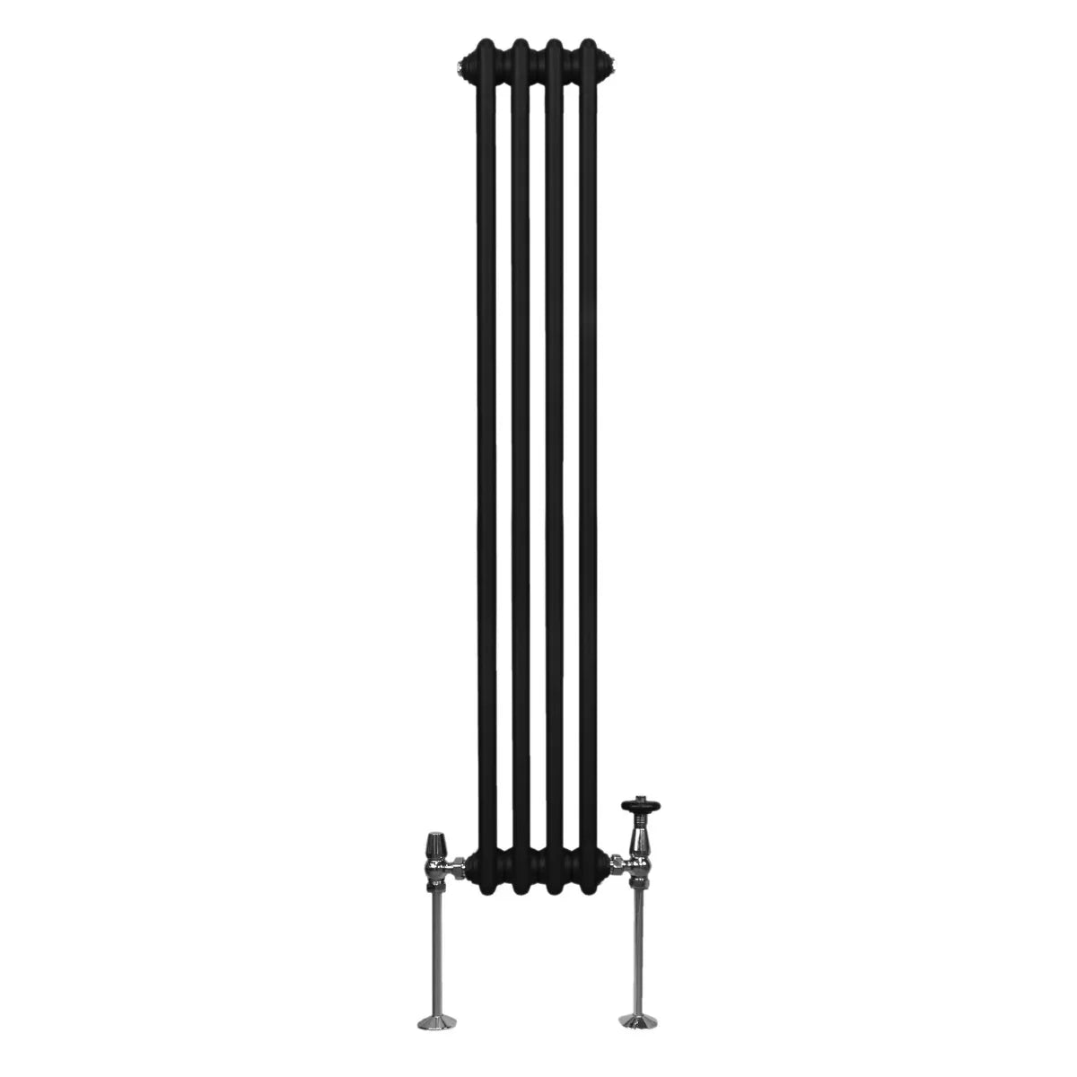 Traditional 2 column radiator in sleek black finish, measuring 1500 x 202mm, featuring a tall, narrow design with visible valves