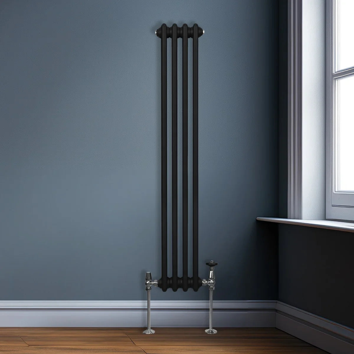 Traditional black 2 column radiator, 1500 x 202mm, featuring a sleek design with smooth, rounded edges and chrome valves, installed in a modern room