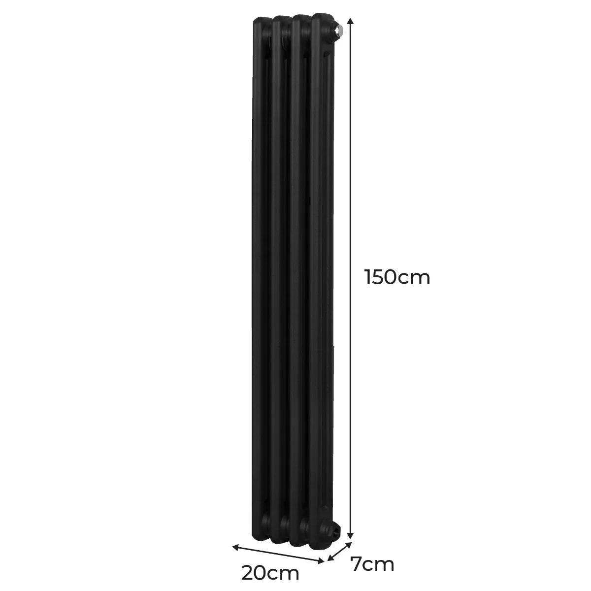 Traditional black 2 column radiator, 1500 x 202mm, featuring a sleek, vertical design with a smooth matte finish and rounded edges