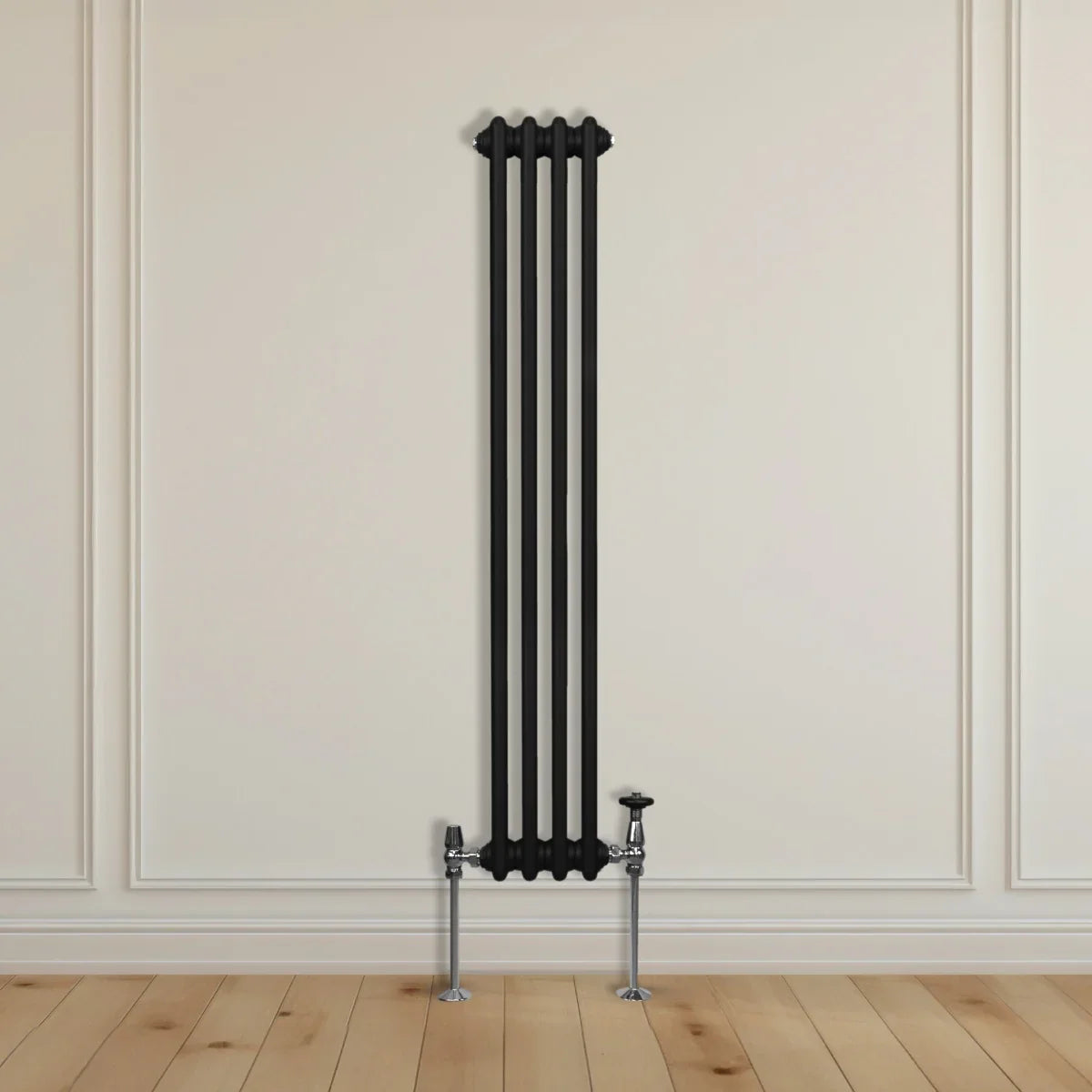 Traditional black 2 column radiator, 1500 x 202mm, featuring a sleek vertical design with polished chrome valves against a neutral wall