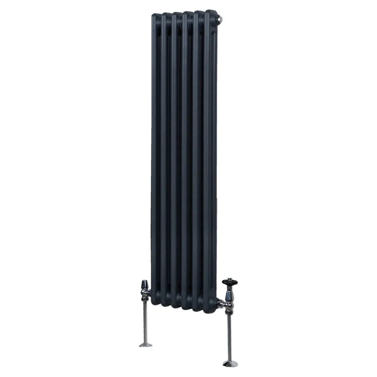 Traditional 2 column radiator in anthracite grey, featuring a tall, slim design with a textured finish and adjustable valves