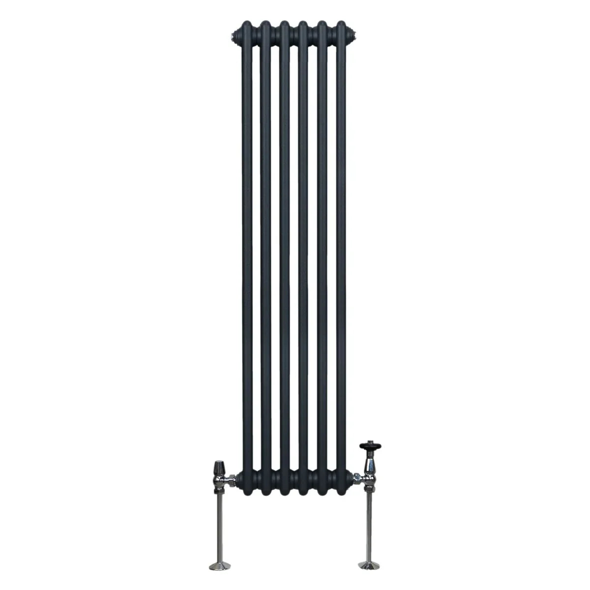 Traditional 2 column radiator in anthracite grey, featuring a tall, slim design with smooth, rounded edges and metallic valves