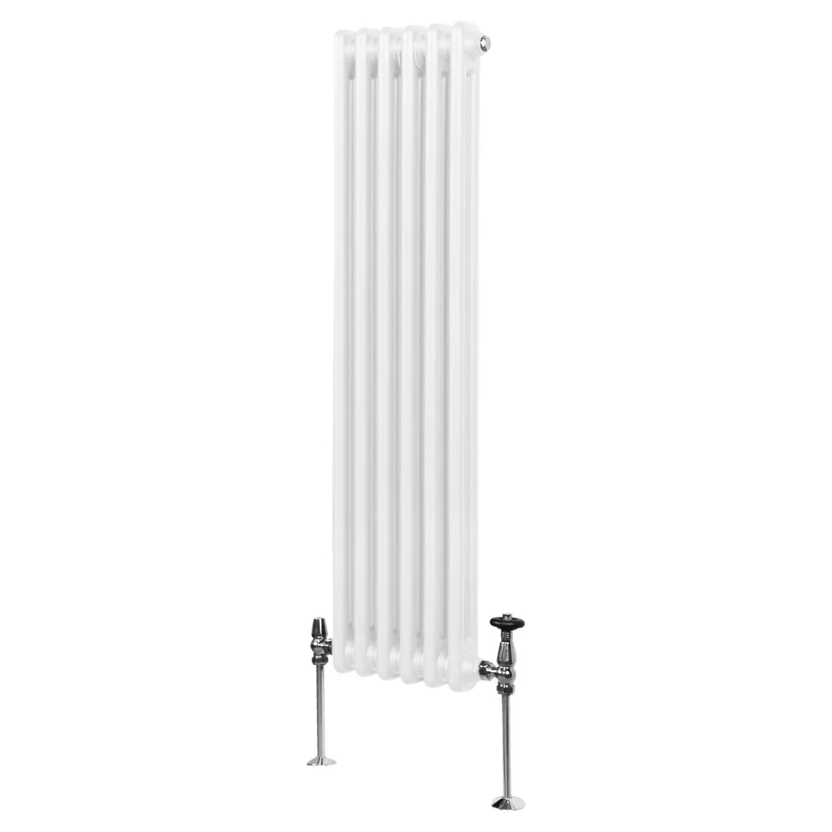 Traditional 2 column radiator in white, measuring 1500 x 292mm, featuring a sleek, vertical design with polished valves and a smooth finish
