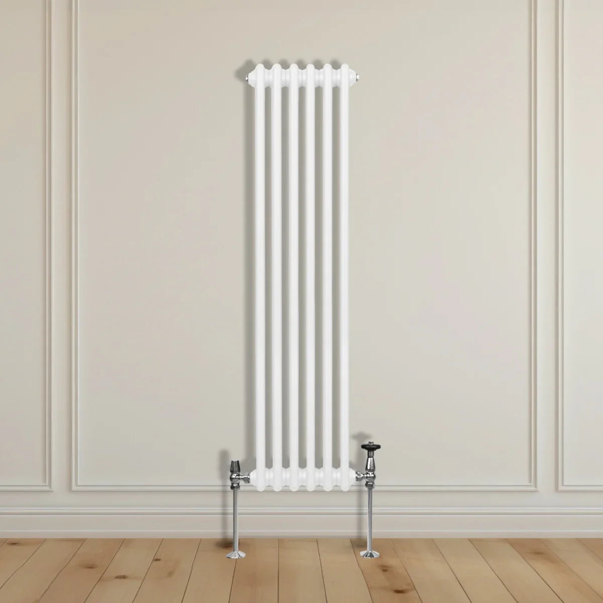 Traditional white 2 column radiator, 1500 x 292mm, featuring vertical bars and chrome valves, mounted on a light wooden floor