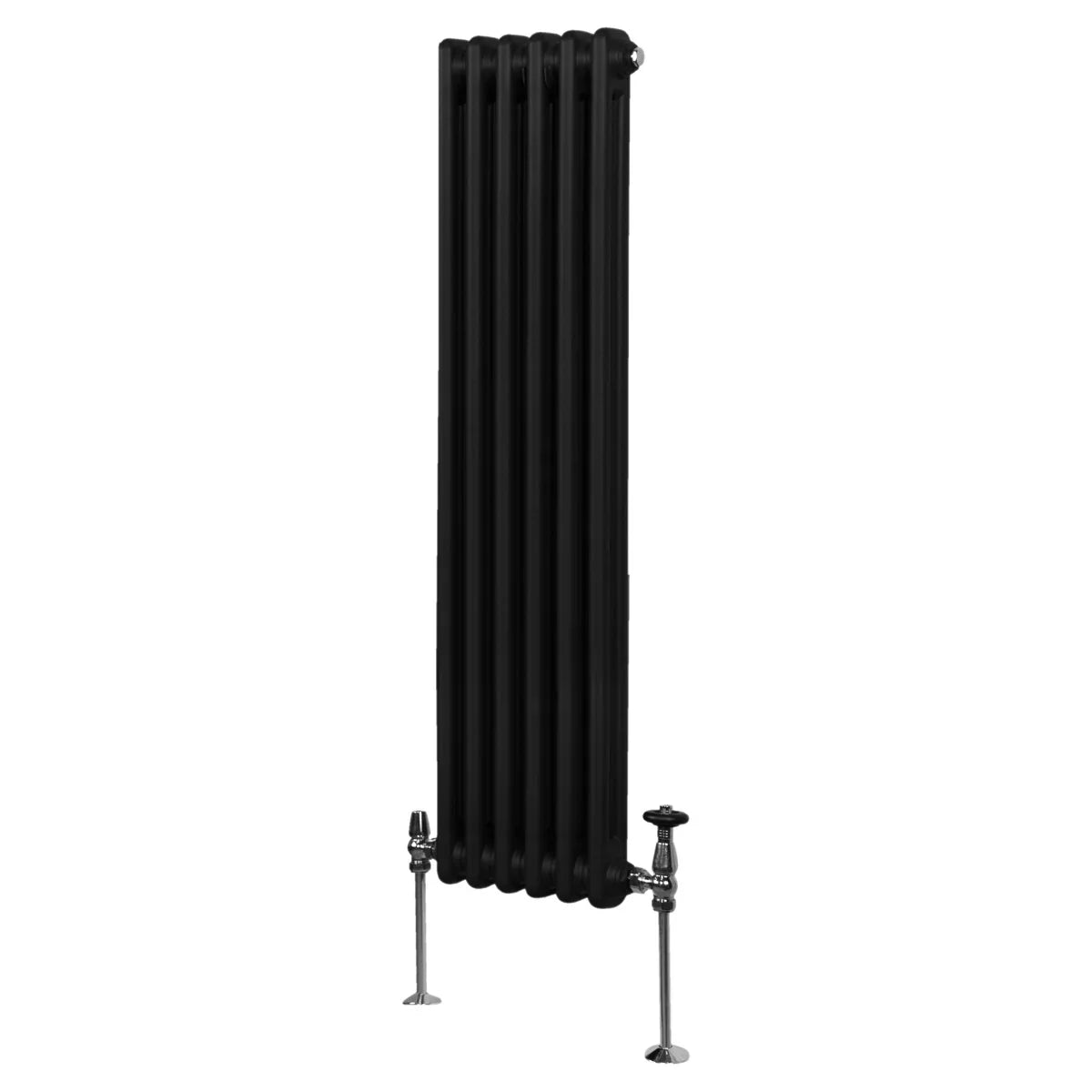 Traditional 2 column radiator in sleek black finish, 1500 x 292mm, featuring a tall, slim design with visible valves and fittings