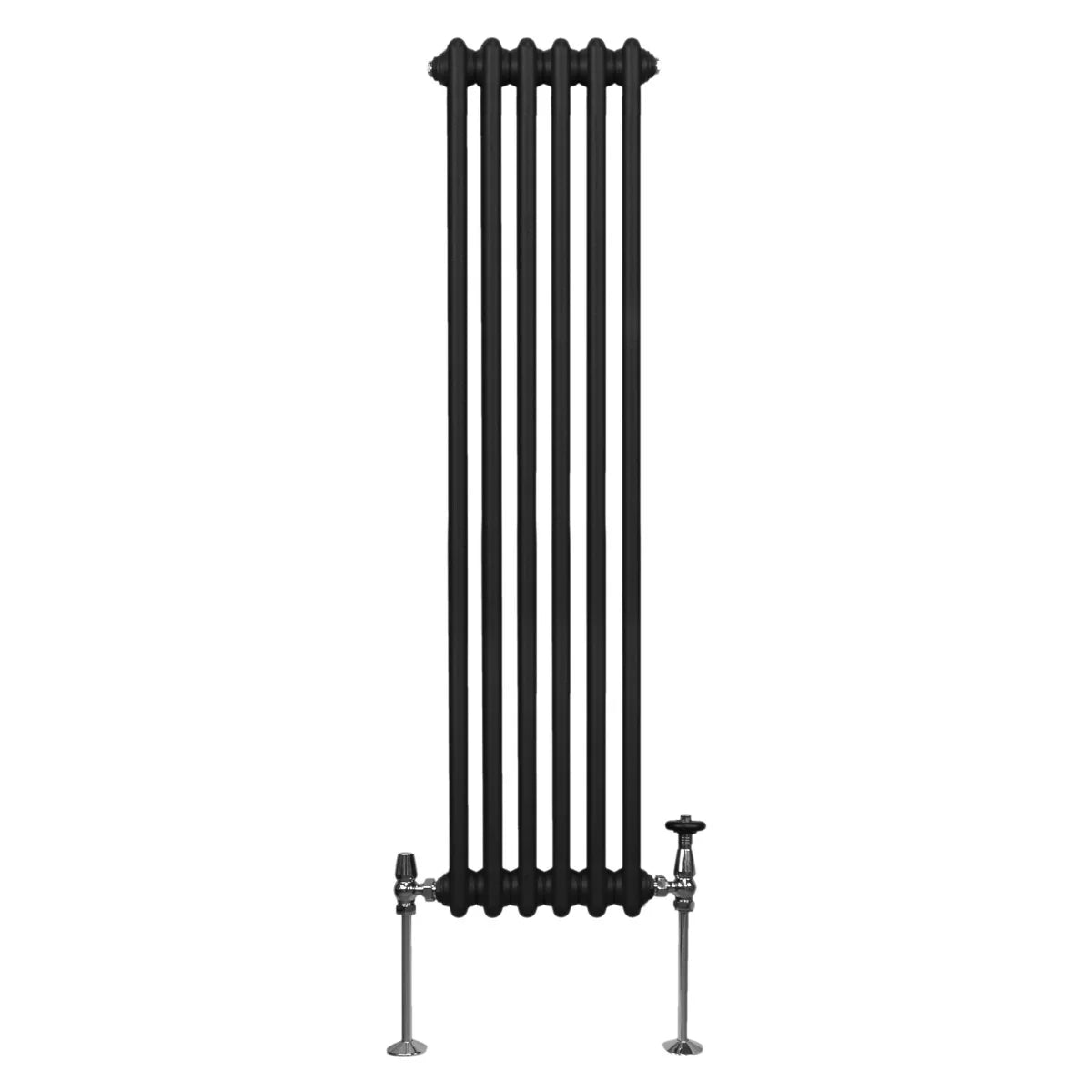 Traditional black 2 column radiator, 1500 x 292mm, featuring a sleek design with vertical columns and polished valves for modern interiors