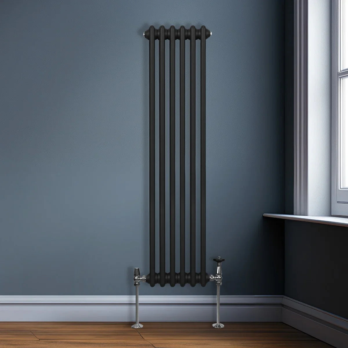 Traditional black 2 column radiator, 1500 x 292mm, featuring a sleek design with smooth vertical lines and chrome valves against a blue wall