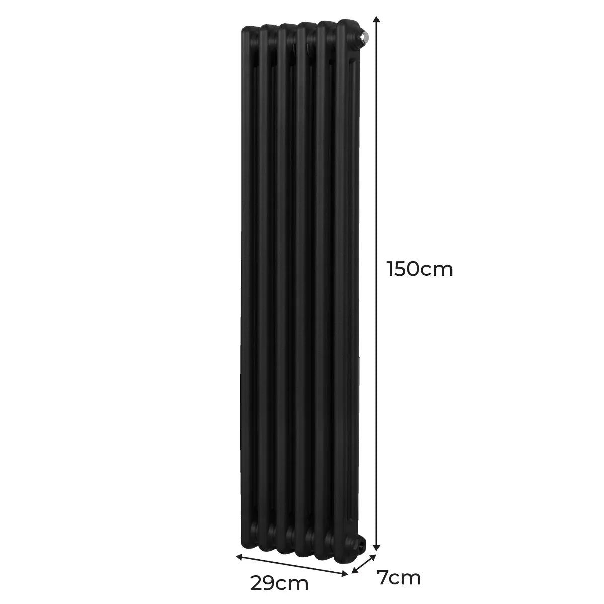 Traditional black 2 column radiator, 1500 x 292mm, featuring a sleek, vertical design with a smooth matte finish and rounded edges