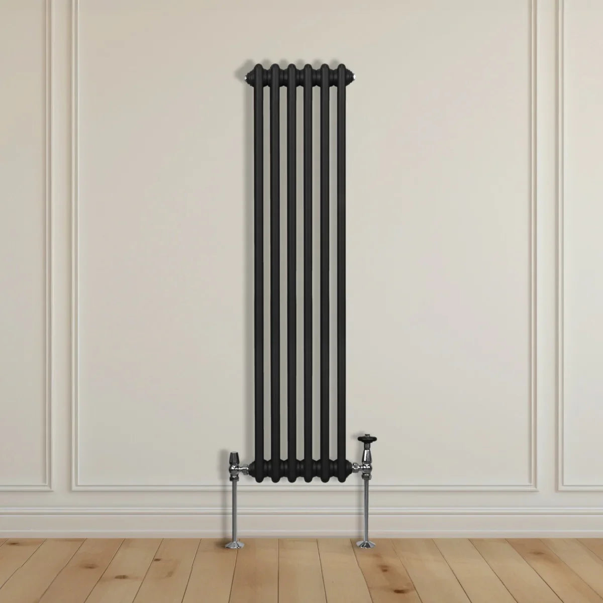 Traditional black 2 column radiator, 1500 x 292mm, featuring a sleek vertical design with polished chrome valves against a neutral wall