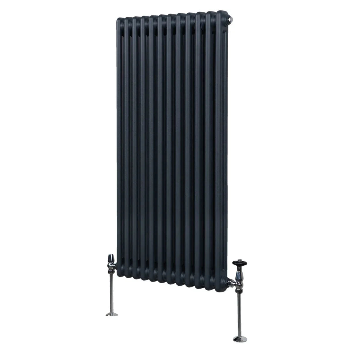 Traditional 2 column radiator in anthracite grey, featuring a sleek vertical design with smooth, rounded edges and sturdy metal construction