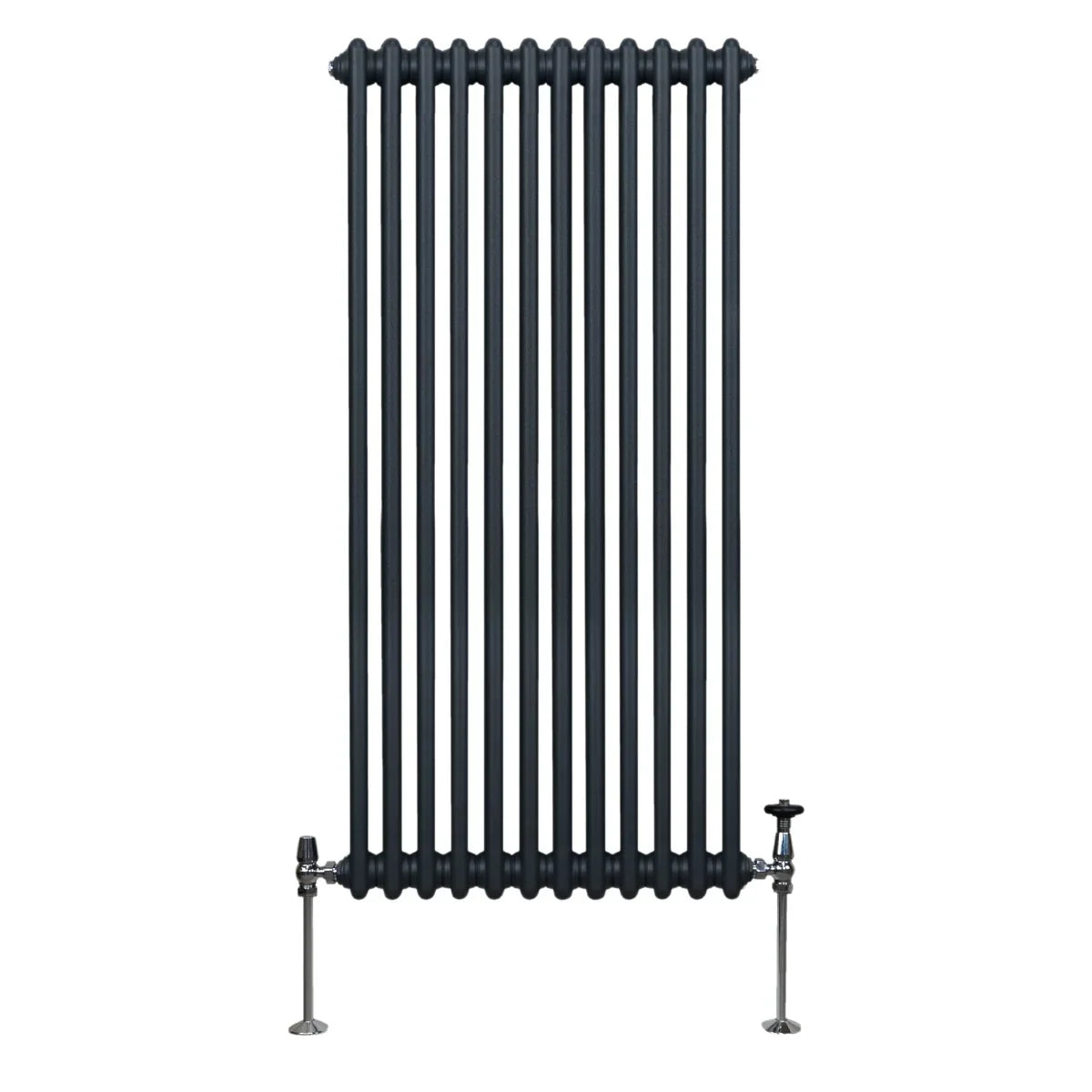Traditional 2 column radiator in anthracite grey, featuring a tall, slim design with vertical bars and chrome valve fittings