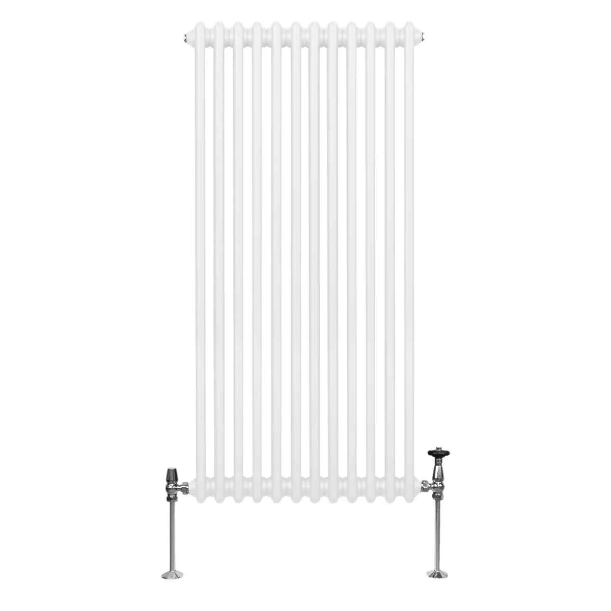 Traditional white 2 column radiator, 1500 x 562mm, featuring a sleek, vertical design with polished chrome valves and sturdy feet