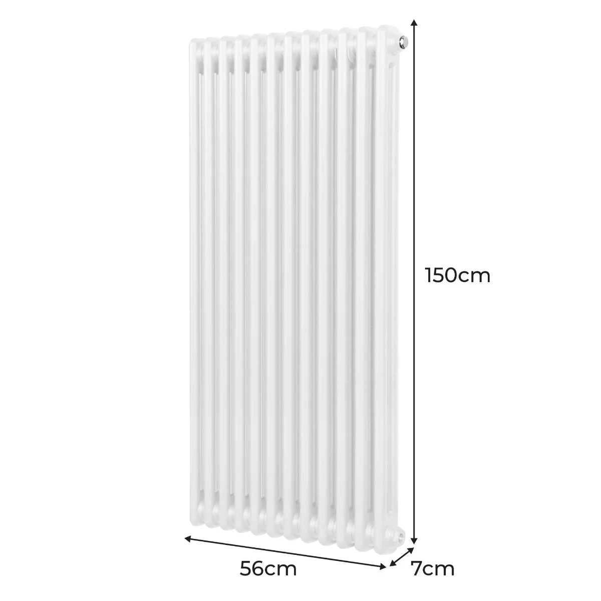 Traditional 2 column radiator in white, measuring 1500 x 562mm, featuring a sleek, vertical design with smooth, glossy finish