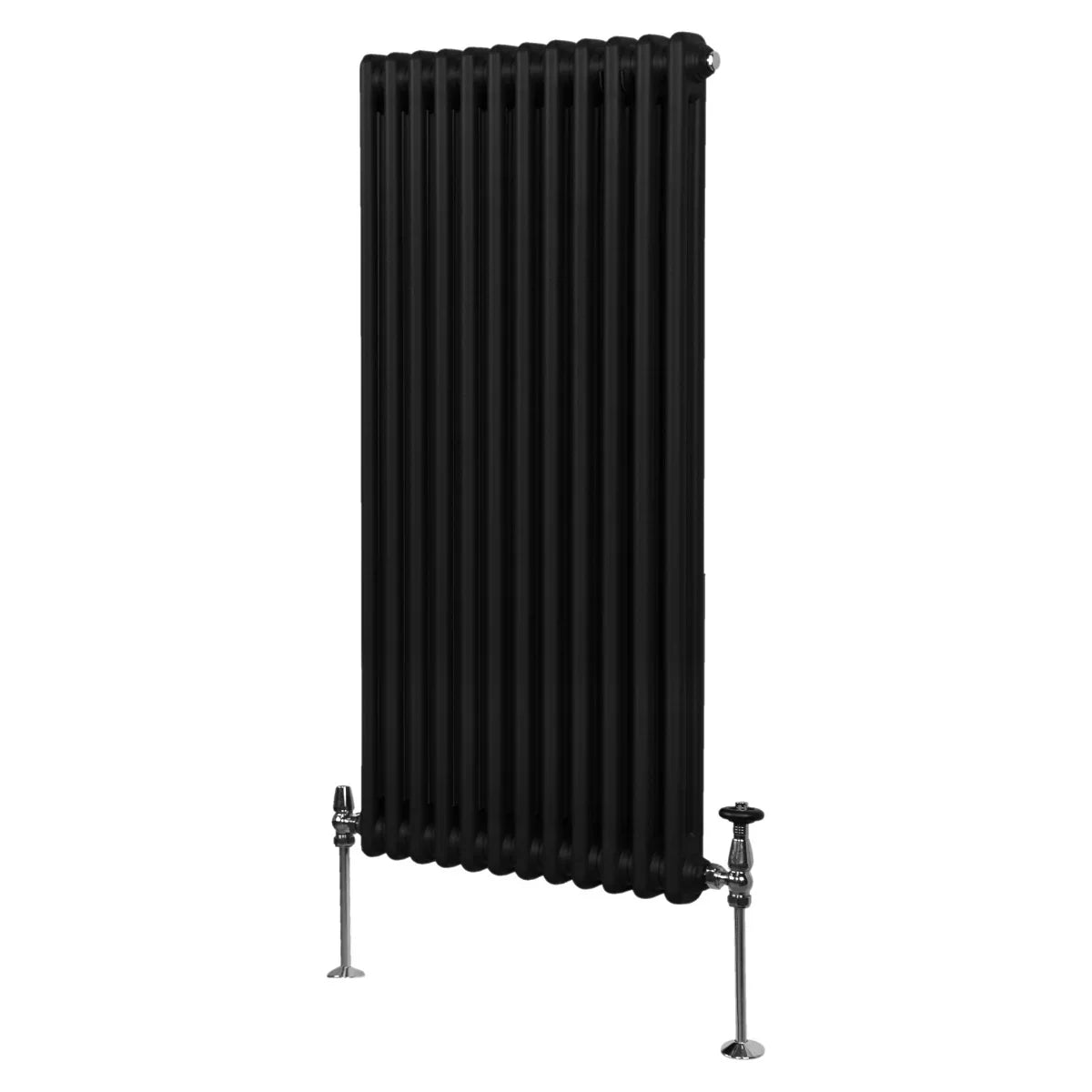 Traditional black 2 column radiator, 1500 x 562mm, featuring a sleek design with vertical lines and polished chrome valves