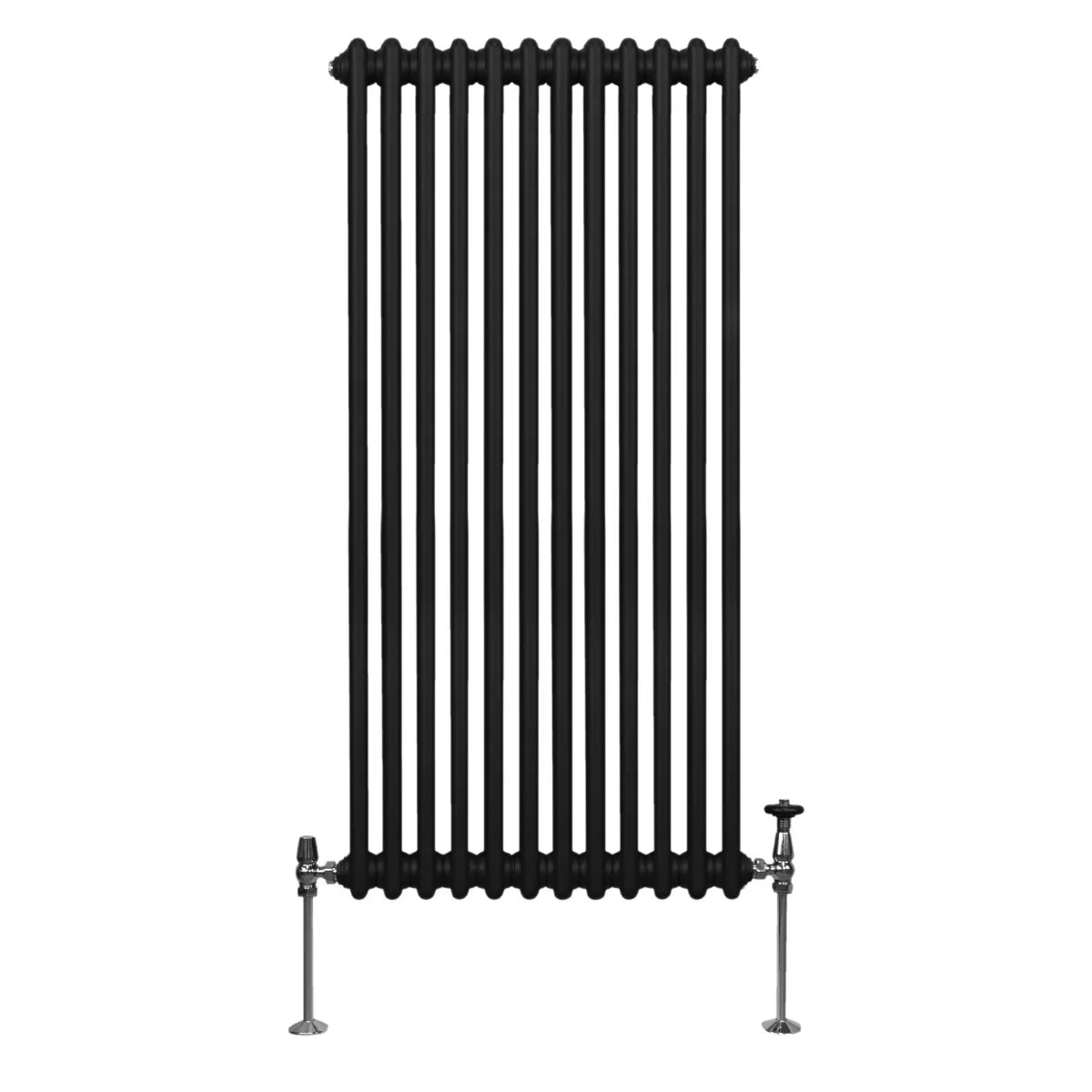 Traditional black 2 column radiator, 1500 x 562mm, featuring vertical bars and chrome valves, ideal for classic home decor