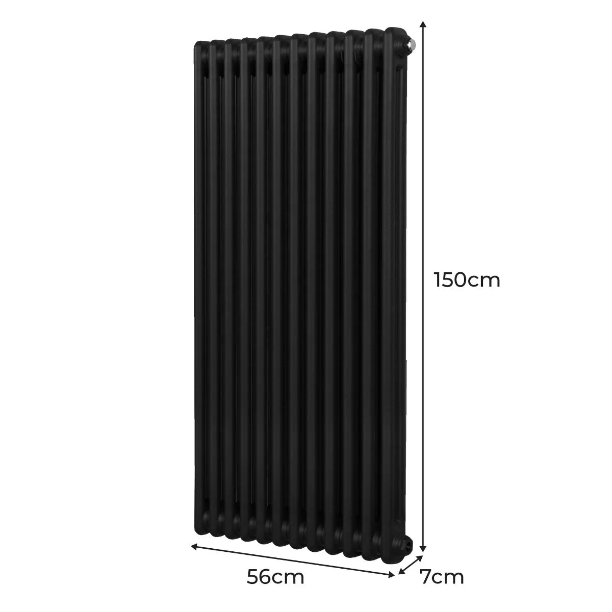 Traditional black 2 column radiator measuring 1500 x 562mm, featuring a sleek, vertical design with a smooth, matte finish