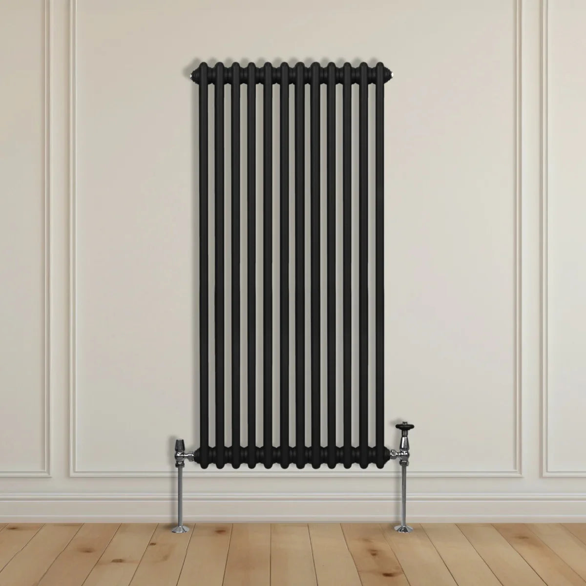Traditional black 2 column radiator, 1500 x 562mm, featuring sleek vertical lines and a modern industrial design against a light wall