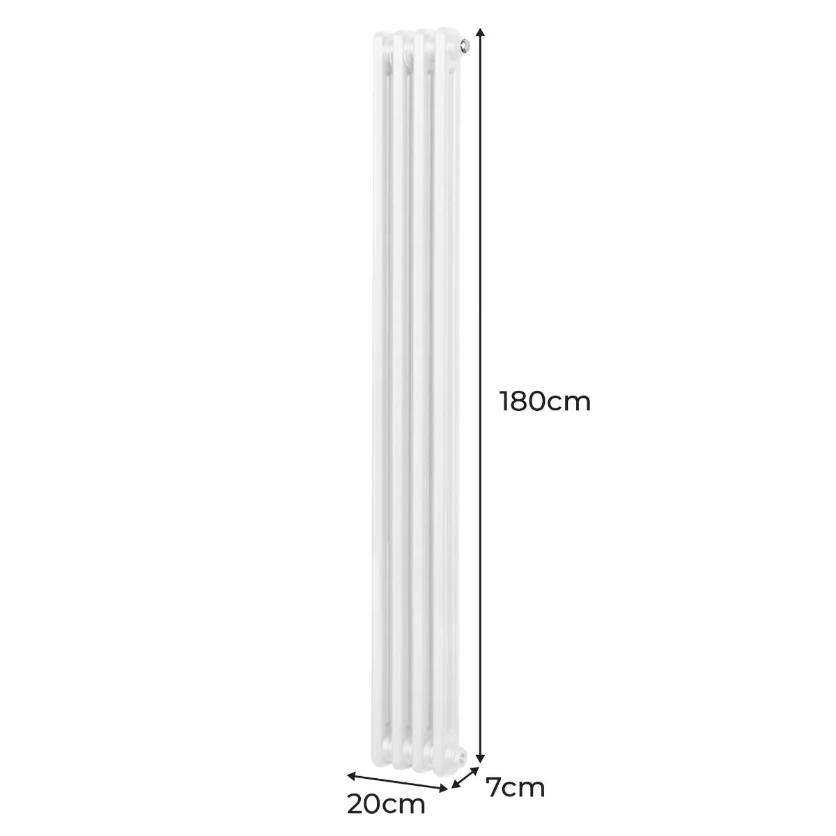 Traditional 2 column radiator in white, measuring 1800 x 202mm, featuring a sleek, vertical design with smooth, glossy finish