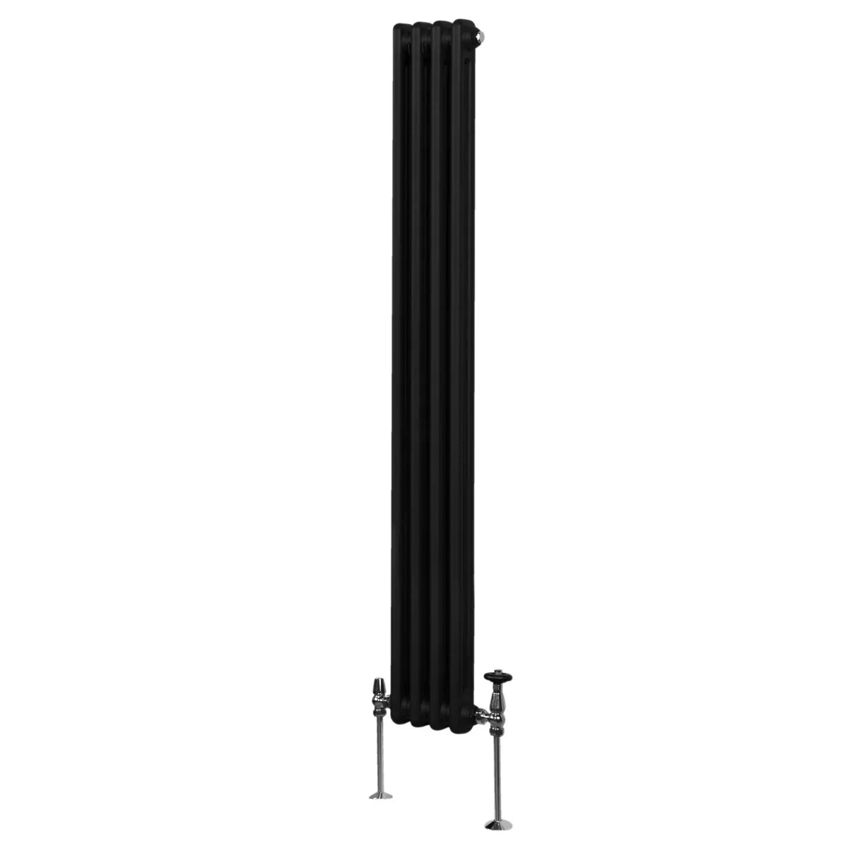 Traditional black 2 column radiator, 1800 x 202mm, featuring a sleek vertical design and polished metal valves for modern interiors