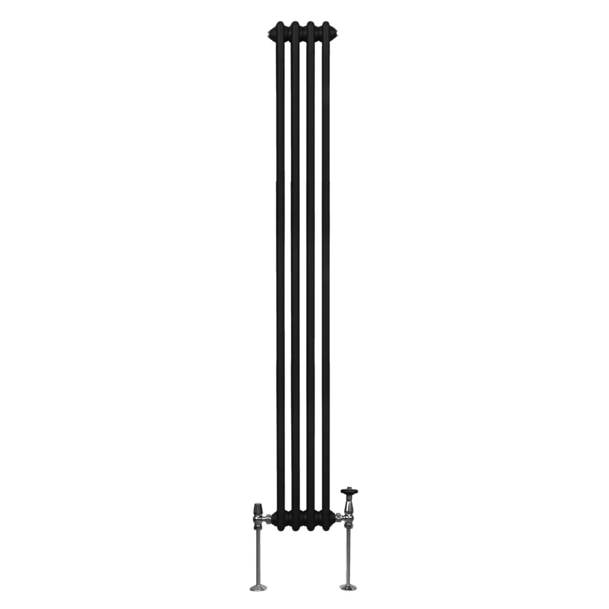 Traditional black 2 column radiator, 1800 x 202mm, featuring a sleek vertical design and smooth matte finish with chrome valves