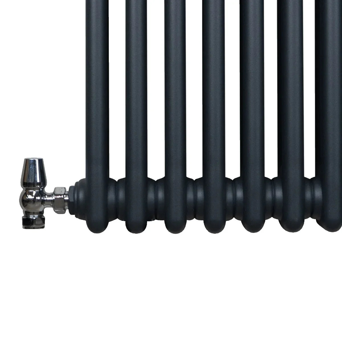 Traditional 2 column radiator in anthracite grey, featuring smooth rounded tubes and a polished valve for efficient heating