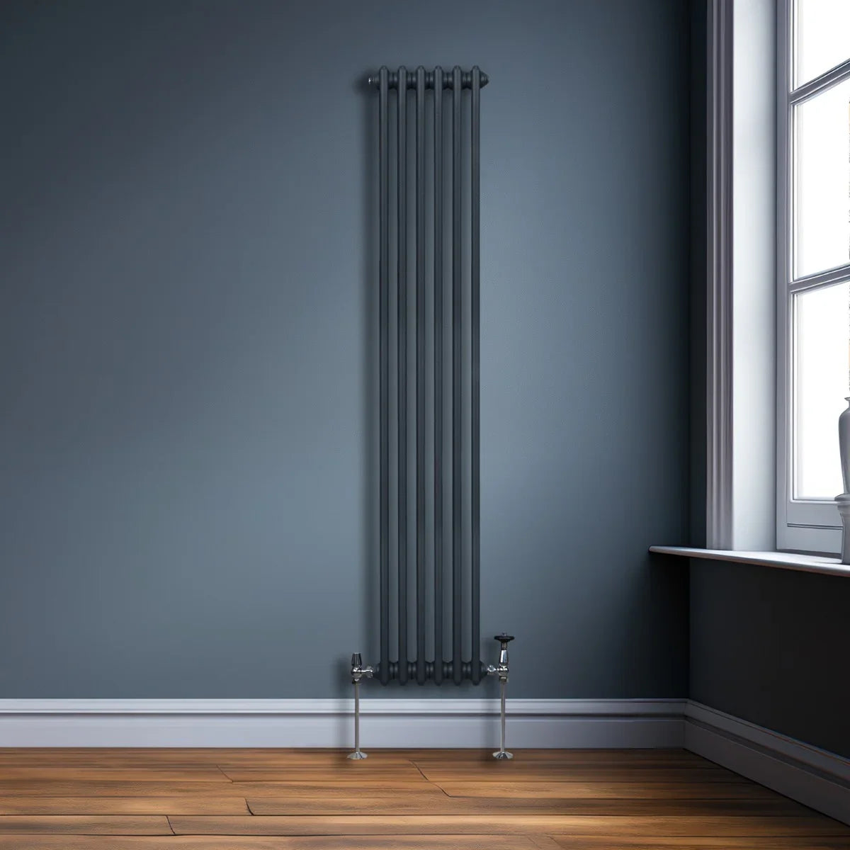 Traditional 2 column radiator in anthracite grey, 1800 x 292mm, featuring a sleek design against a dark blue wall and wooden floor