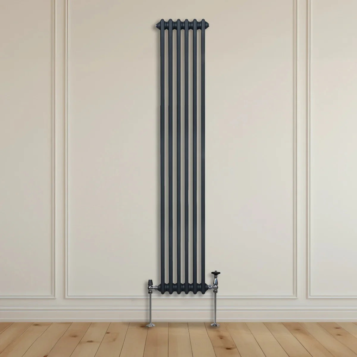Traditional 2 column radiator in anthracite grey, featuring a sleek vertical design with smooth, rounded edges and polished chrome valves