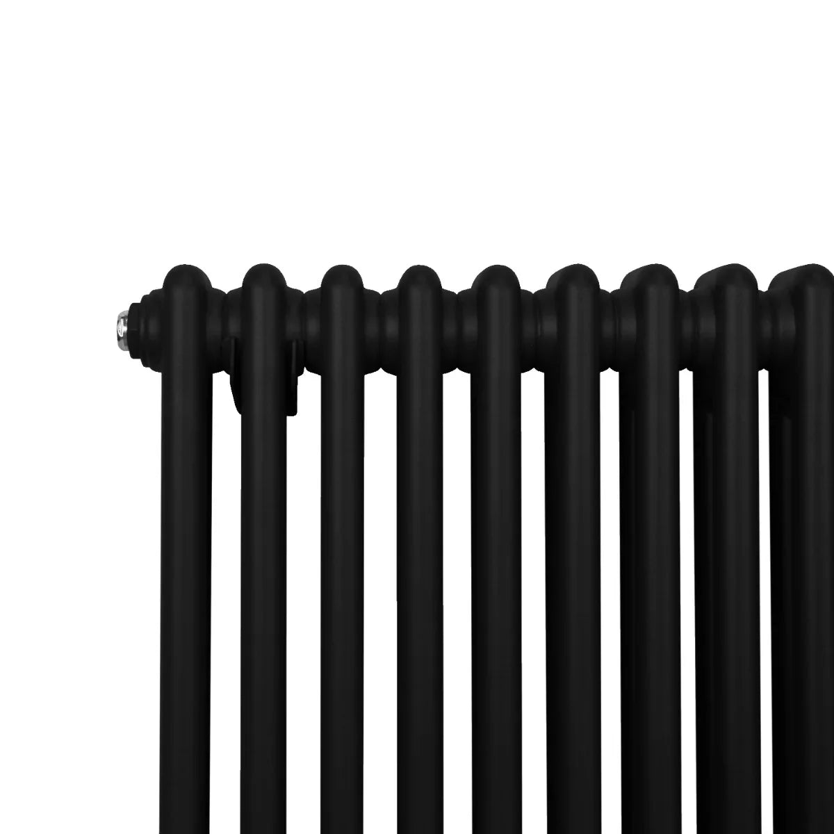 Traditional black 2 column radiator with a smooth matte finish, showcasing vertical pipes and a sleek, modern design
