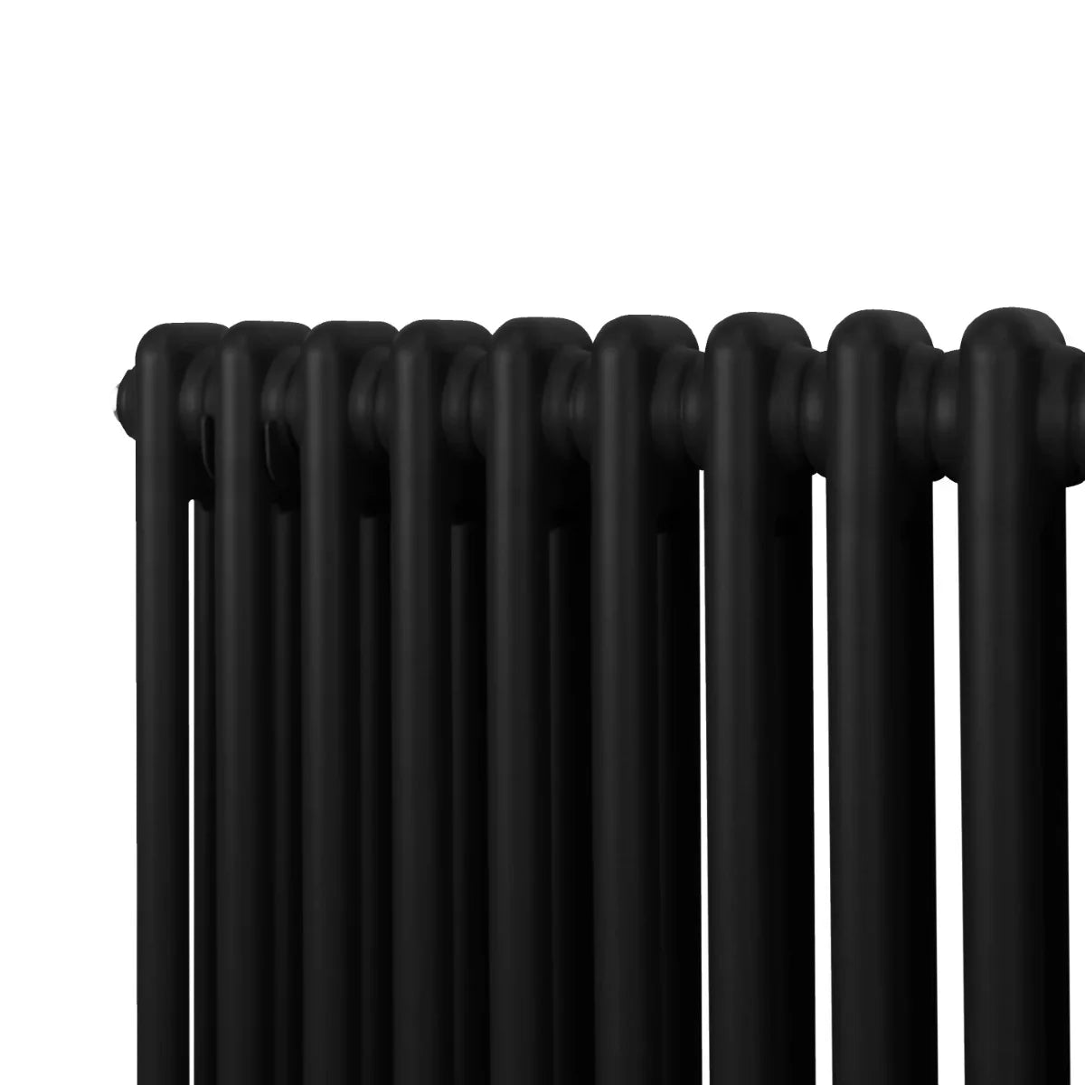 Traditional black 2 column radiator with a sleek, matte finish, showcasing a tall, narrow design and smooth rounded edges