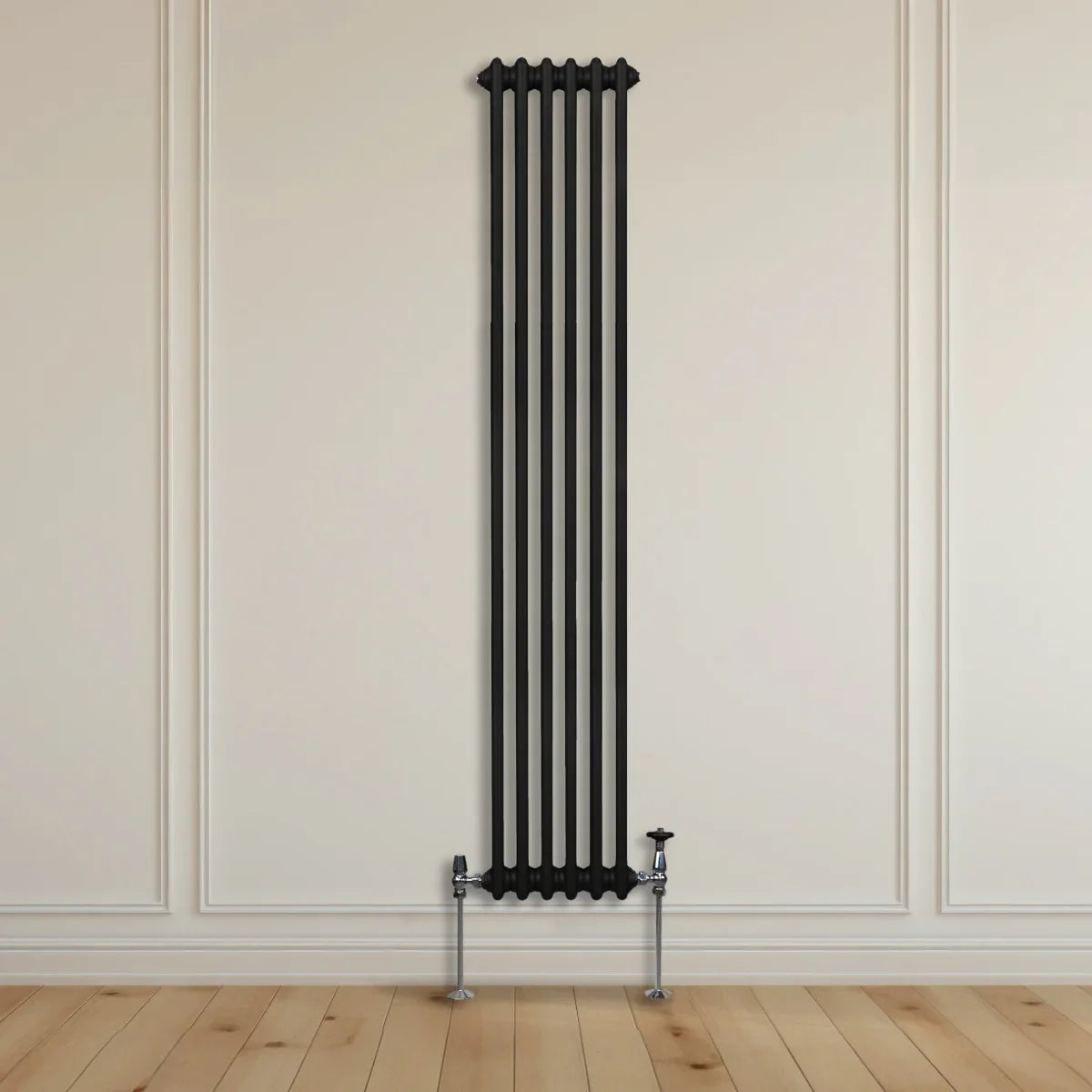 Traditional black 2 column radiator, 1800 x 292mm, featuring a sleek vertical design with smooth, glossy finish against a light wall