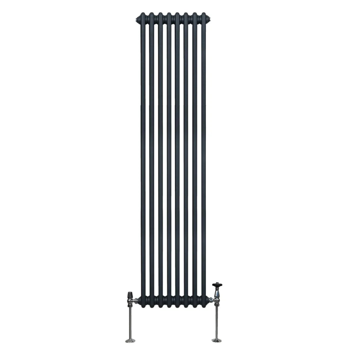 Traditional 2 column radiator in anthracite grey, featuring a tall, slim design with vertical bars and stylish valve fittings
