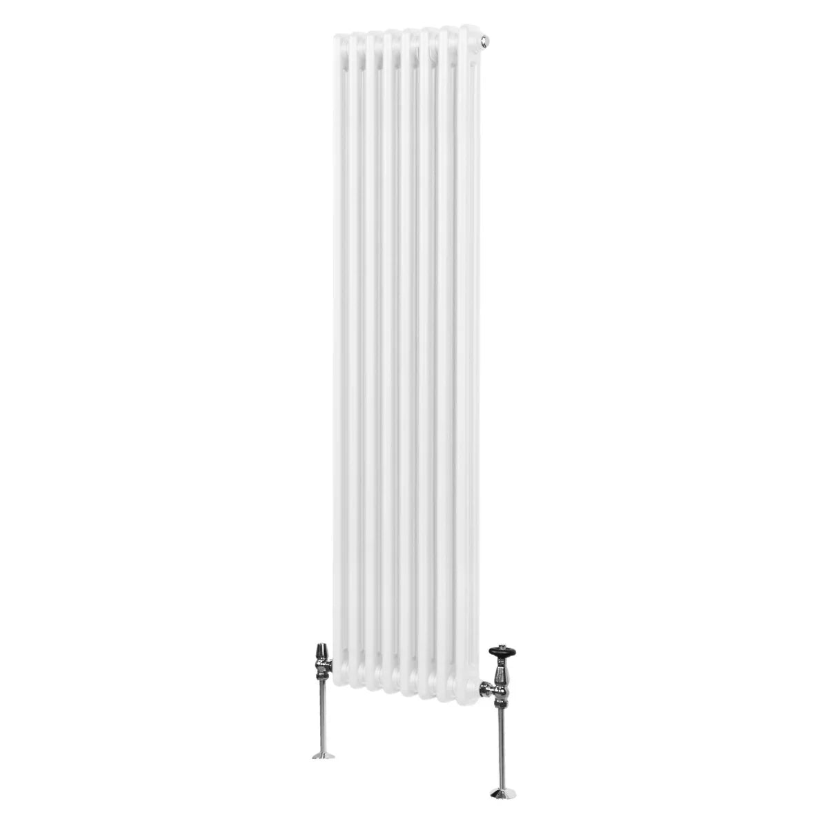 Traditional 2 column radiator in white, 1800 x 382mm, featuring a sleek design with vertical lines and polished metal valves