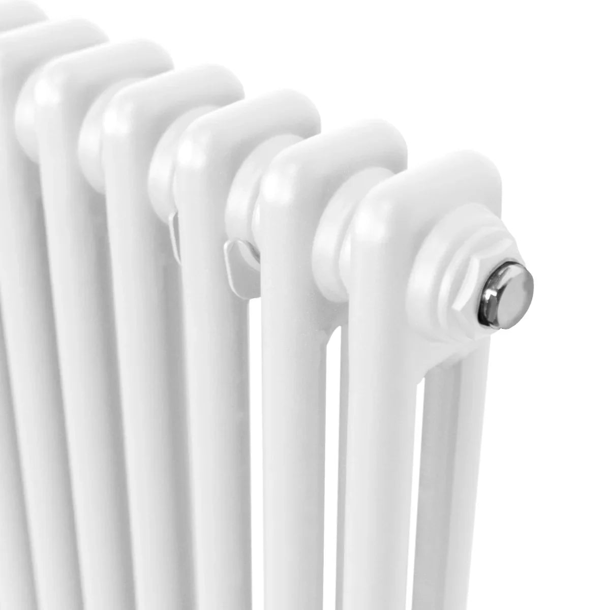 Traditional 2 column radiator in white, featuring smooth, rounded edges and a sleek, glossy finish, designed for efficient heating