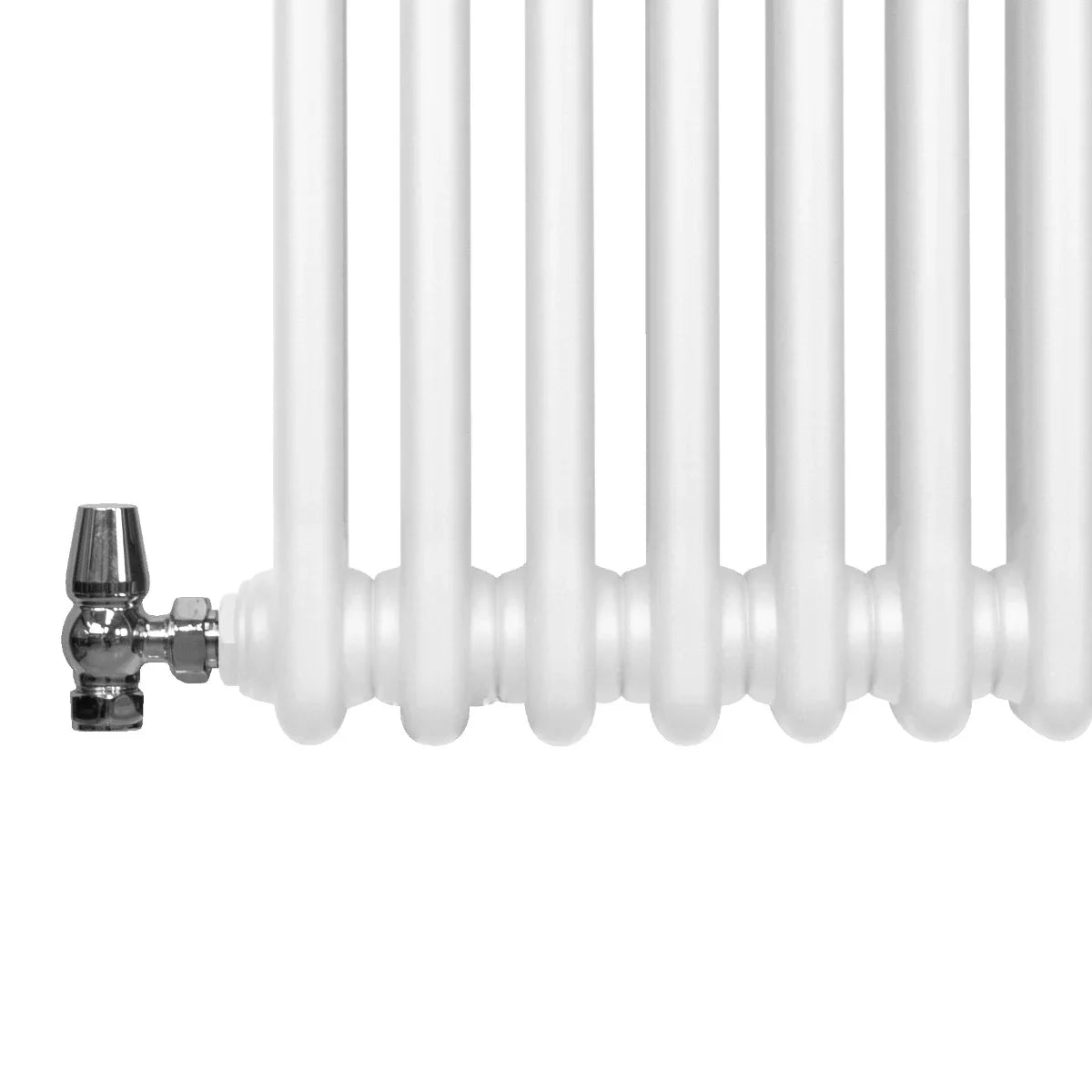 Traditional 2 column radiator in white, featuring smooth, rounded fins and a polished chrome valve for efficient heating