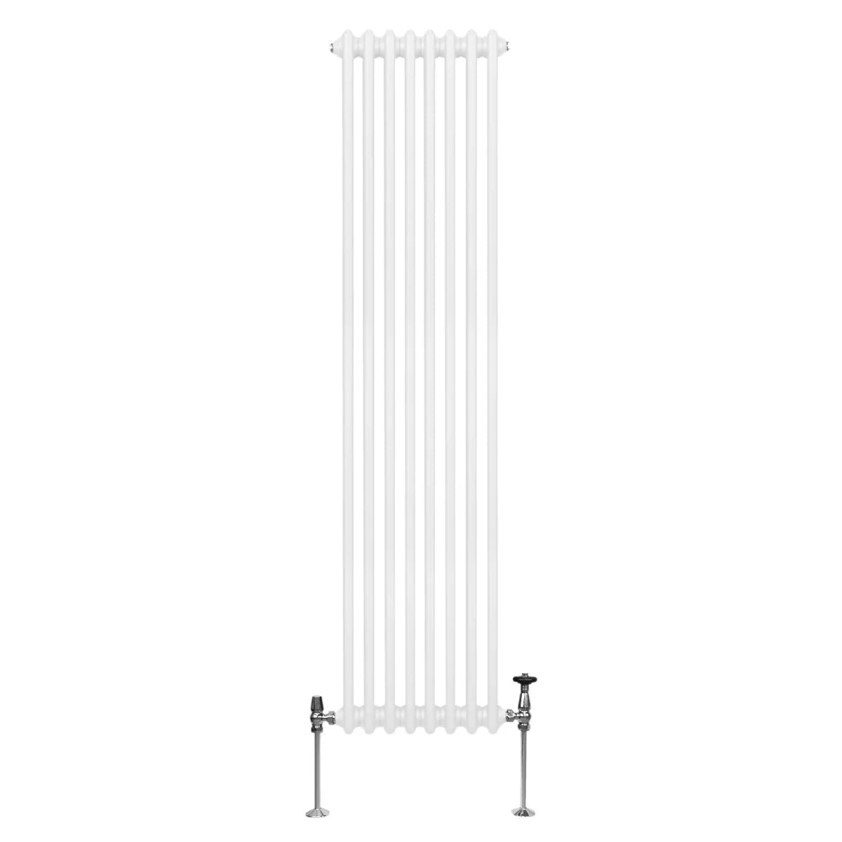 Traditional 2 column radiator in white, 1800 x 382mm, featuring a sleek vertical design with smooth, glossy finish and chrome valves