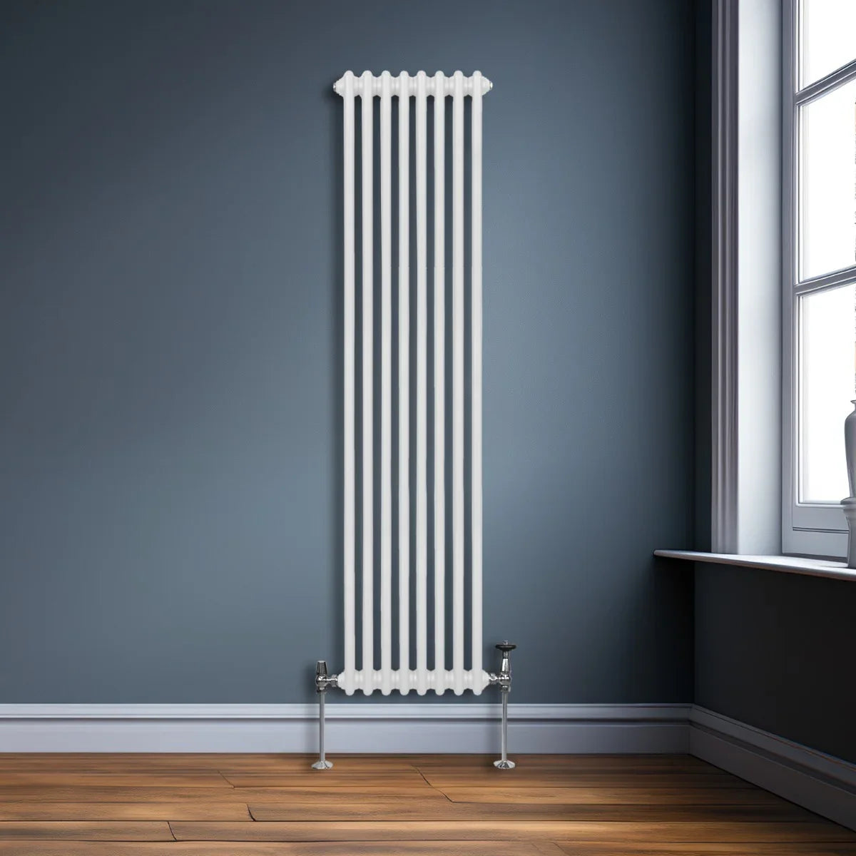Traditional 2 column radiator in white, 1800 x 382mm, featuring a sleek vertical design against a dark blue wall and wooden floor