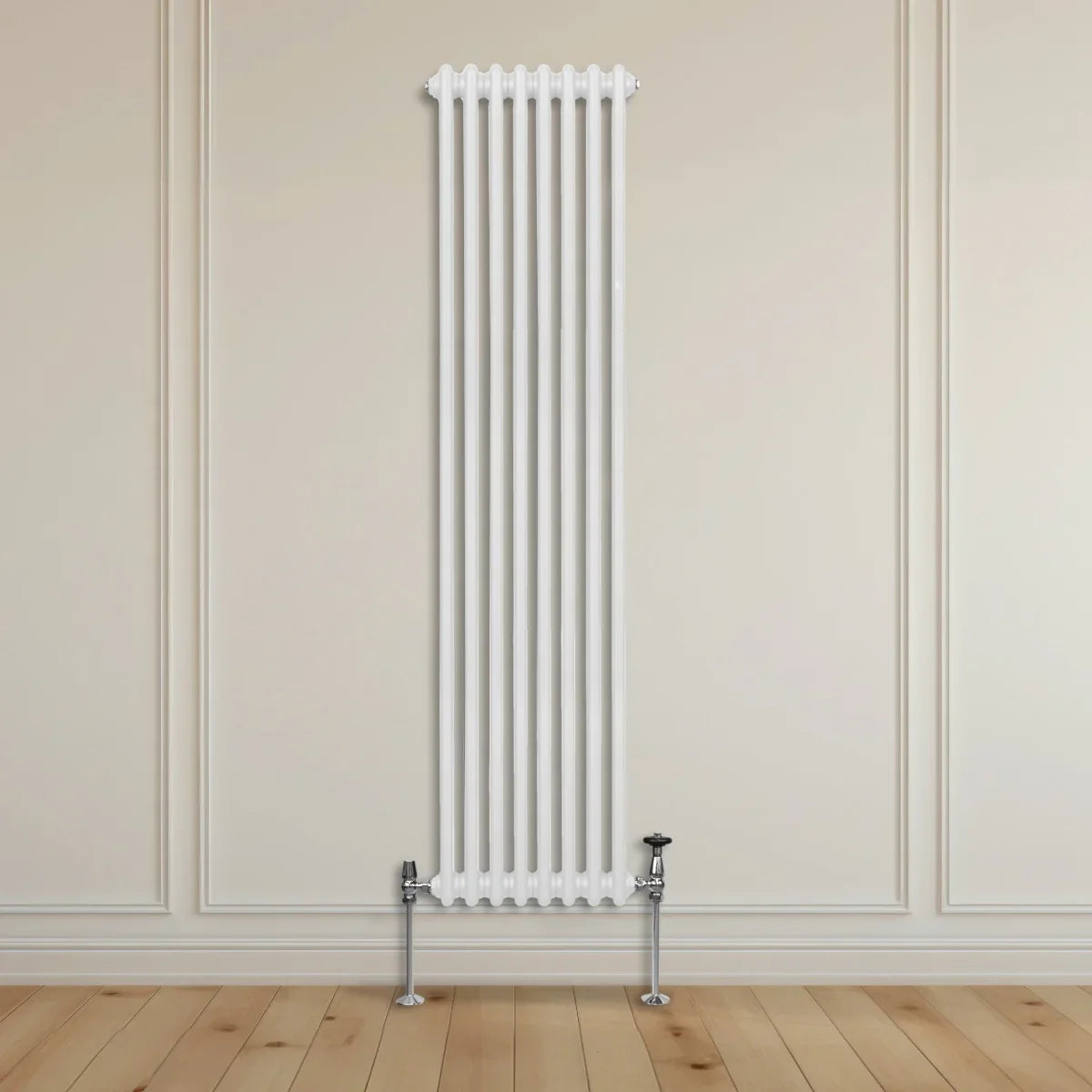 Traditional 2 column radiator in white, 1800 x 382mm, featuring a sleek vertical design with a glossy finish against a light-colored wall