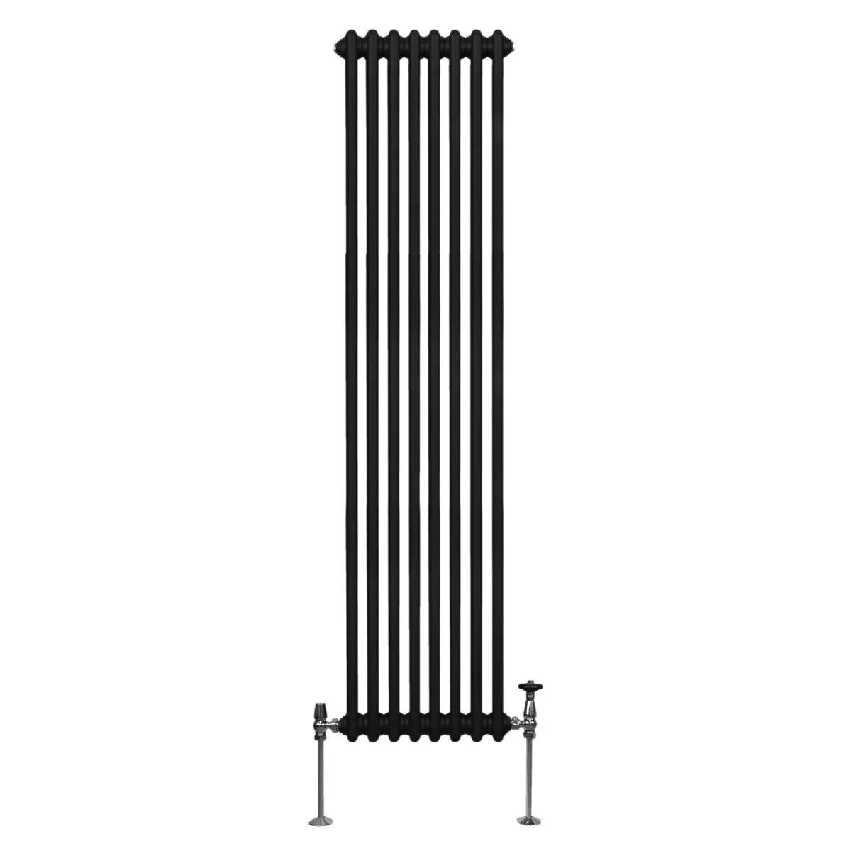 Traditional 2 column radiator in sleek black, 1800 x 382mm, featuring vertical bars and polished fittings for a classic look