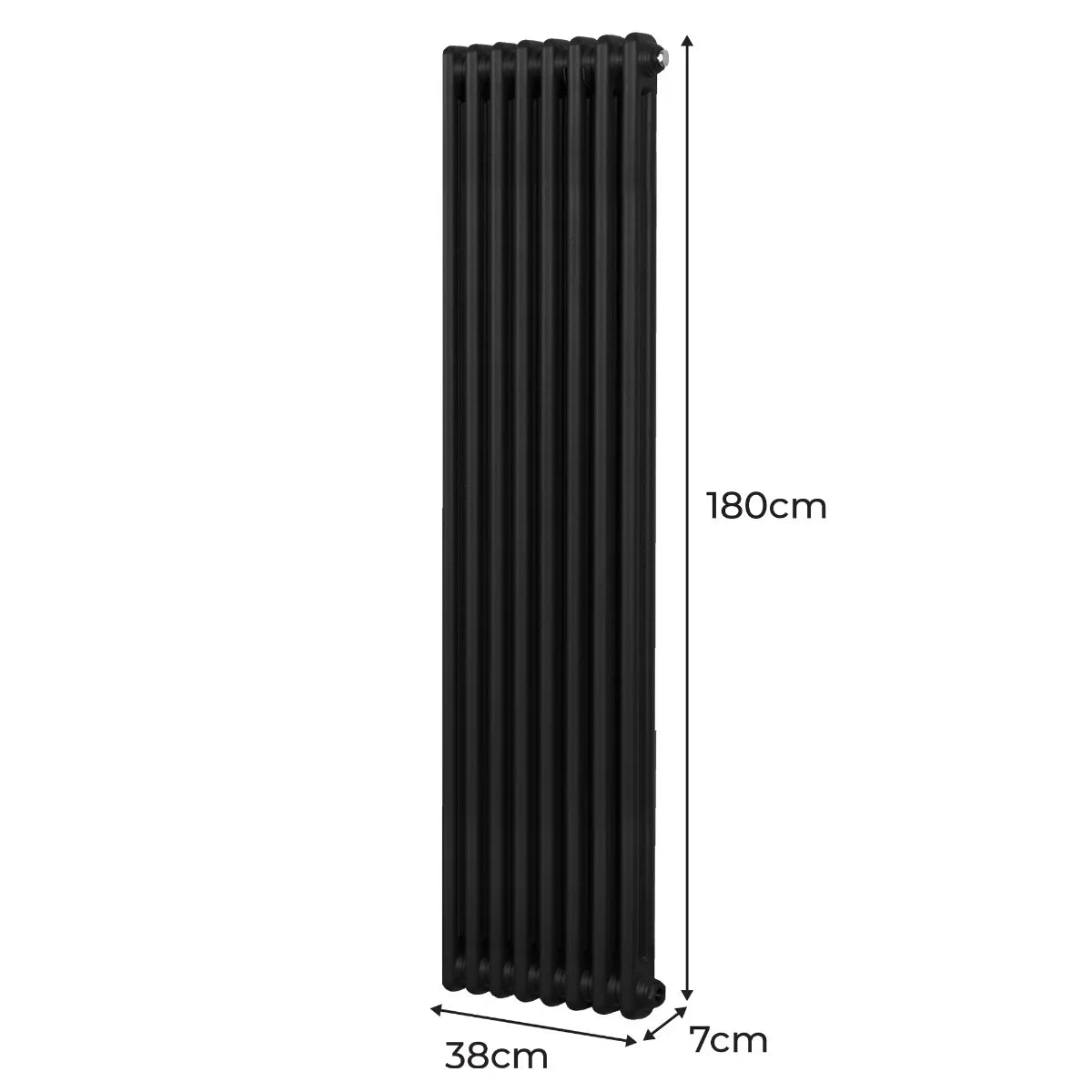 Traditional black 2 column radiator measuring 1800 x 382mm, featuring a sleek vertical design and smooth finish for modern interiors