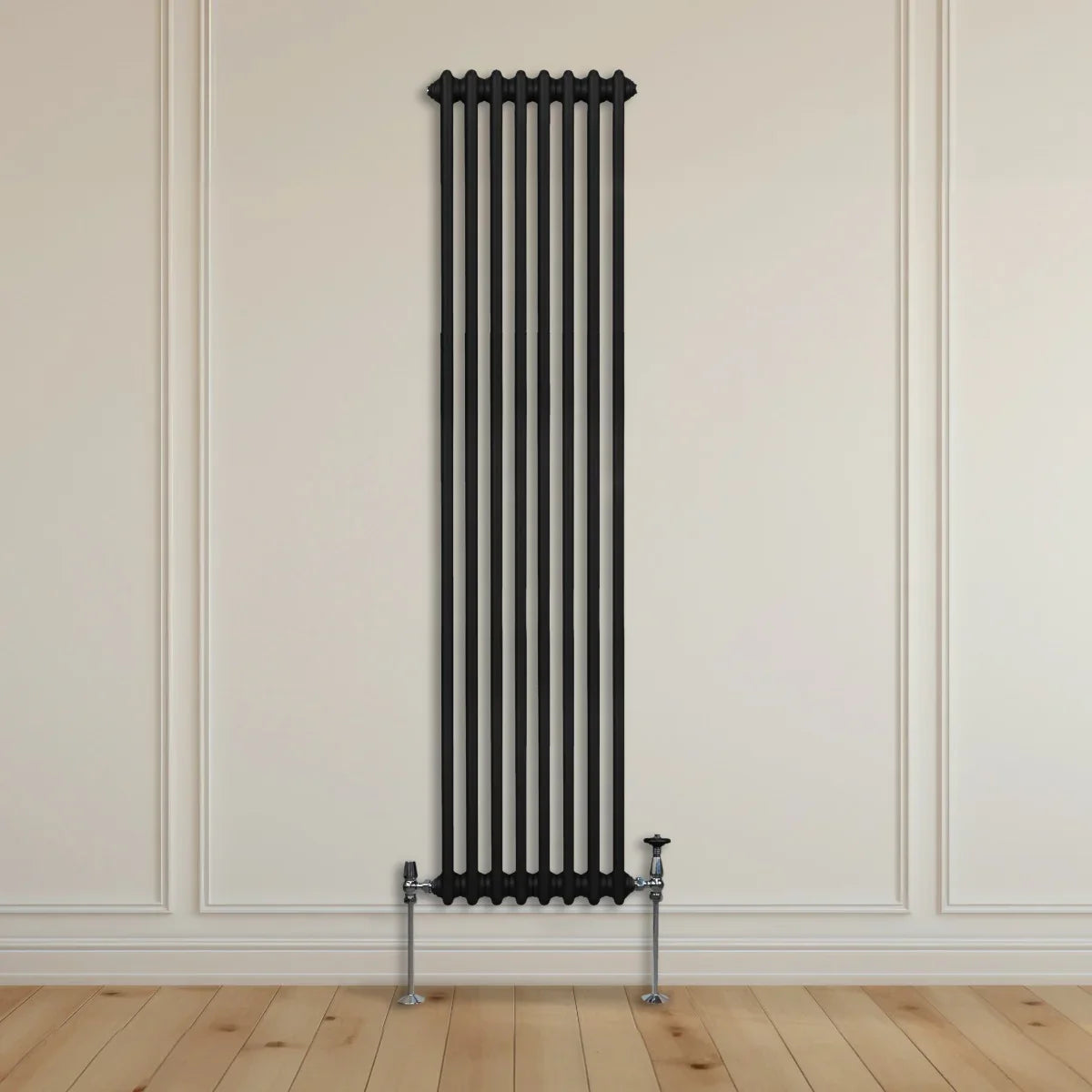 Traditional black 2 column radiator, 1800 x 382mm, featuring a sleek vertical design with polished chrome valves against a light wall