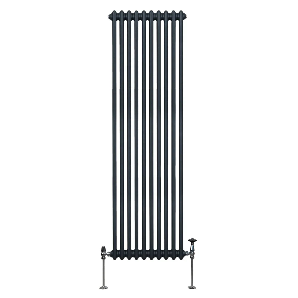 Traditional 2 column radiator in anthracite grey, featuring a tall, slim design with vertical bars and polished metal fittings